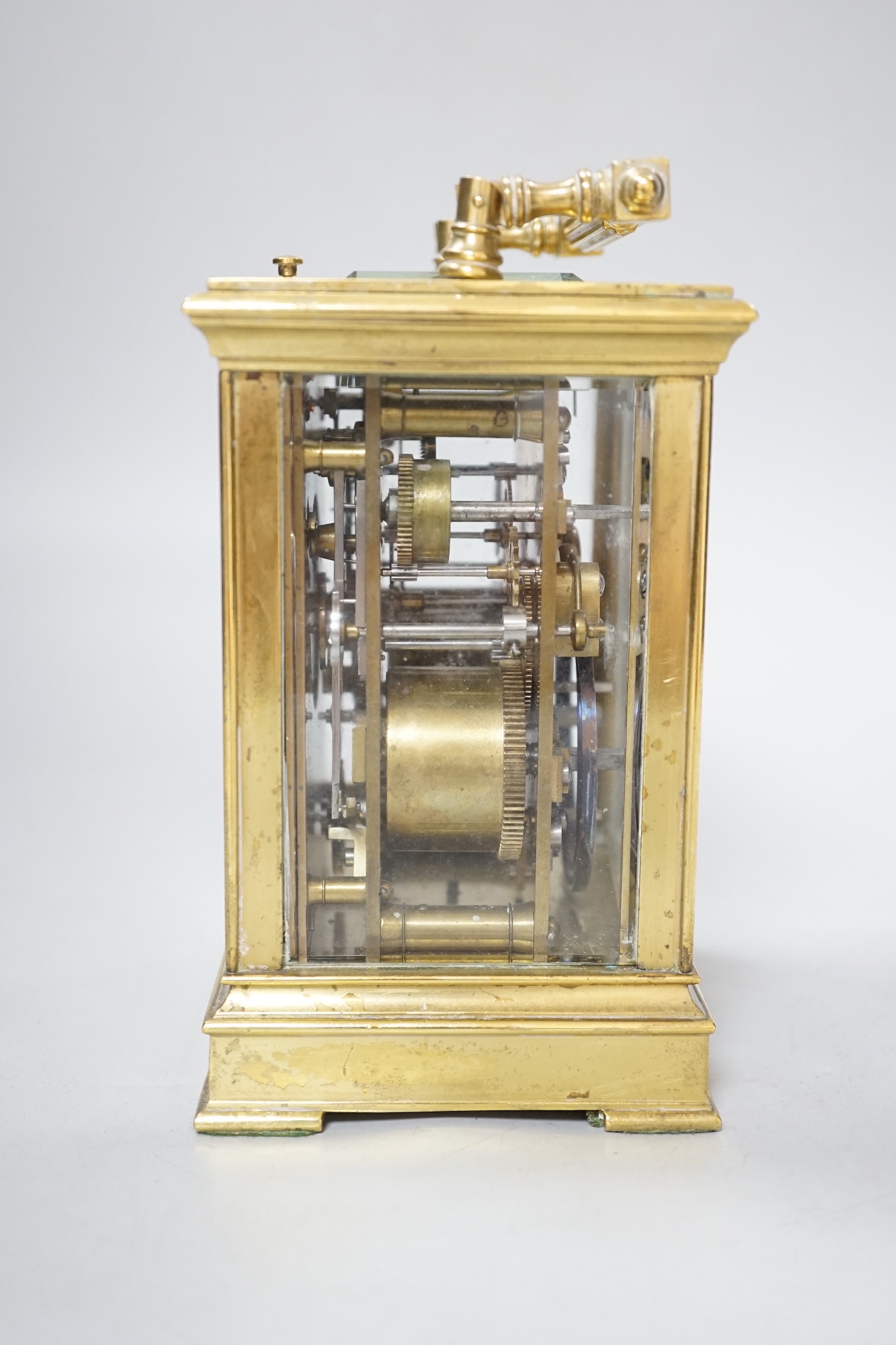 A large French gilt brass repeating carriage clock with alarm and enamel dial, 18cm high